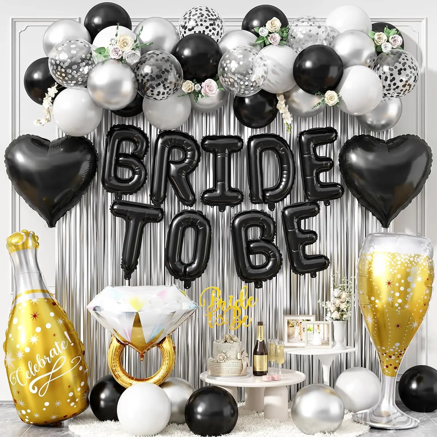 Black Bachelorette Party Decorations, Bride To Be Bridal Shower Balloons Banner Cake Topper,Black and Silver White Confetti Ring Champagne Bottle Glass Balloons Foil Curtains for Engagement Wedding