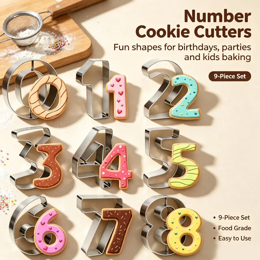 9 Cookie Cutting Machines, Sizes 0-8, Food Grade Stainless Steel, Smooth Sharp Edges, Perfect for Birthday Candy Cookies, DIY Party Baking