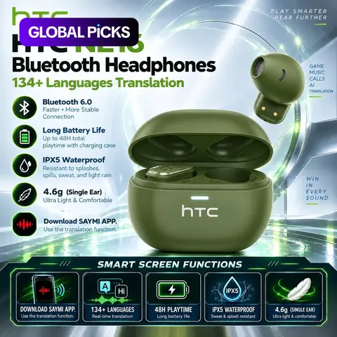 HTC NE16 Translation TWS Audio Wireless Earbuds, App Supported 134 Languages, BT 6.0, 35-Hour Playtime, Wireless Charging Case, IPX5 Waterproof Stereo Earphones with Built-in Microphone, Clear Calls, Compatible with Android and iOS #GLOBAL PICKS