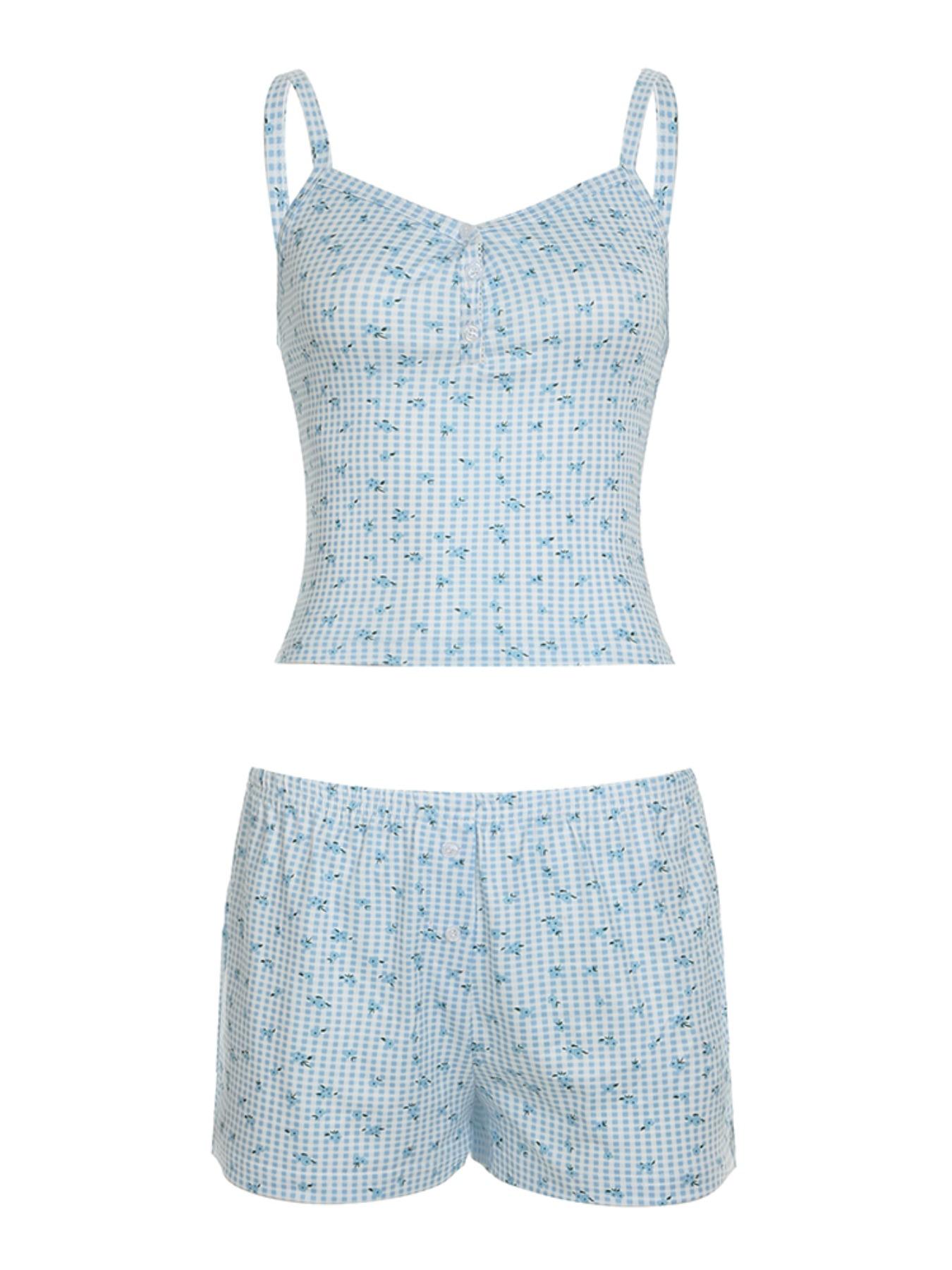 Two-Piece Set Women's Plaid and Floral Print Cami Top & Shorts Set, Casual Cute Comfy Spaghetti Strap Camisole & Shorts Set, Women's Clothes for Summer, Womenswear