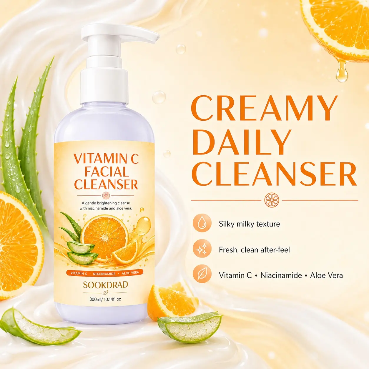 Vitamin C Facial Cleanser, niacinamide, aloe vera, gentle brightening, facial cleansing, all skin types, daily care, 300ml/10.14fl oz