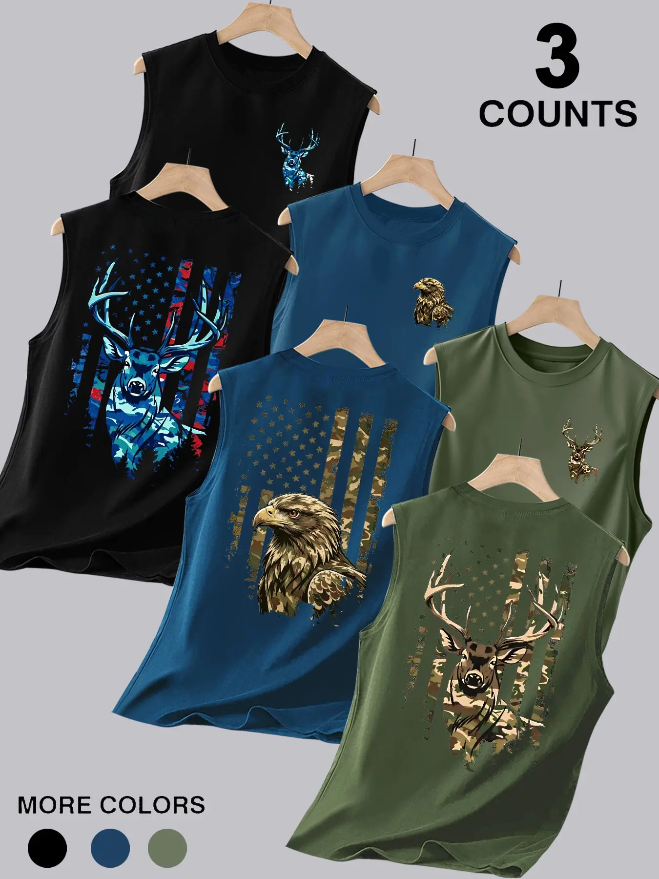 3 Pack Men's Crew Neck Sleeveless Muscle Tank Tops, Muscle Singlet, Double-Sided Printed With Camo Wildlife Vintage American Flag Graphics, Outdoor Hunting Patriotic Workout Casual Shirts, Ideal For Camping, Street & Daily Wear