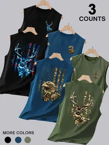 3 Pack Men's Crew Neck Sleeveless Muscle Tank Tops, Double-Sided Printed With Camo Wildlife Elk & Eagle Vintage Distressed American Flag Graphics, Outdoor Hunting Patriotic Workout Casual Sleeveless Shirts, Ideal For Camping, Street & Daily Wear