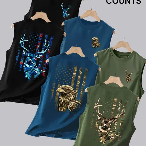 3-Pack Men's Crew Neck Sleeveless Muscle Tank Tops, Gym Tank Tops, Double-Sided Printed with Camo Wildlife Eagle Vintage American Flag Graphics, Ideal for Outdoor Hunting, Workout, Camping & Daily Wear