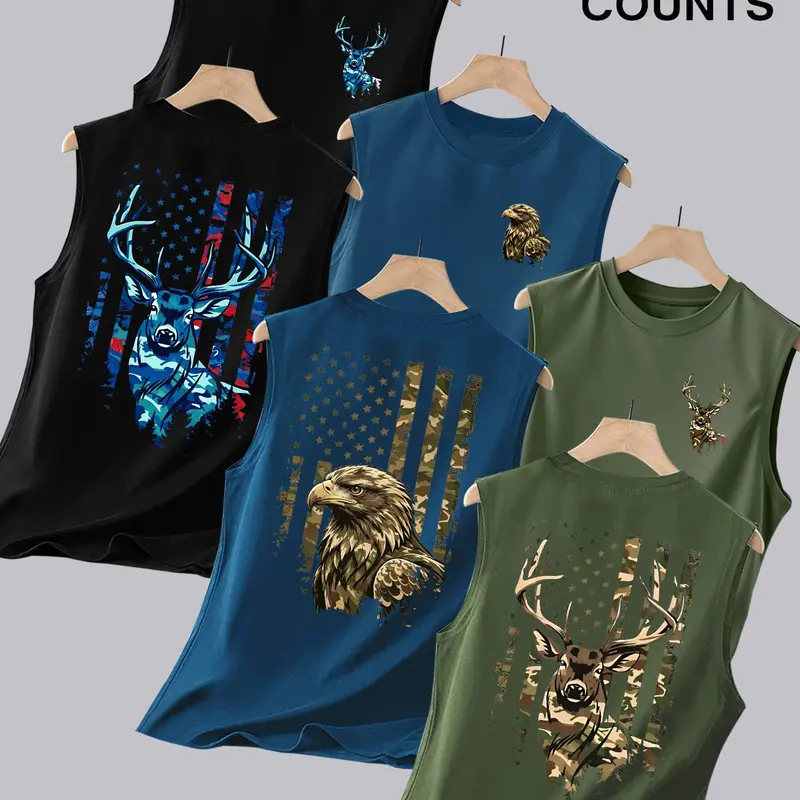 3-Pack Men's Crew Neck Sleeveless Muscle Tank Tops, Gym Tank Tops, Double-Sided Printed with Camo Wildlife Eagle Vintage American Flag Graphics, Ideal for Outdoor Hunting, Workout, Camping & Daily Wear
