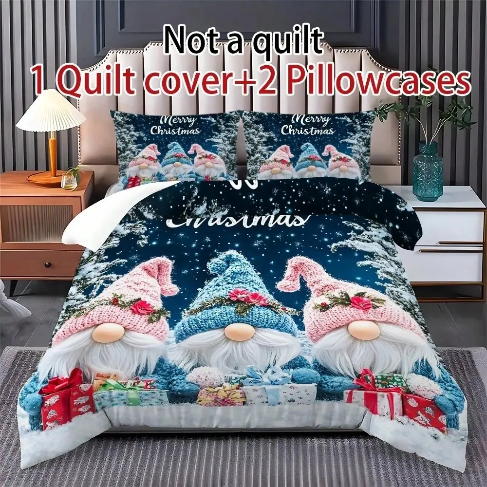 Christmas Dwarf Print Bedding Set, 1 Duvet Cover + 2 Pillowcases, High-Definition Printing, Home & Dormitory Bed Linen, No Padding