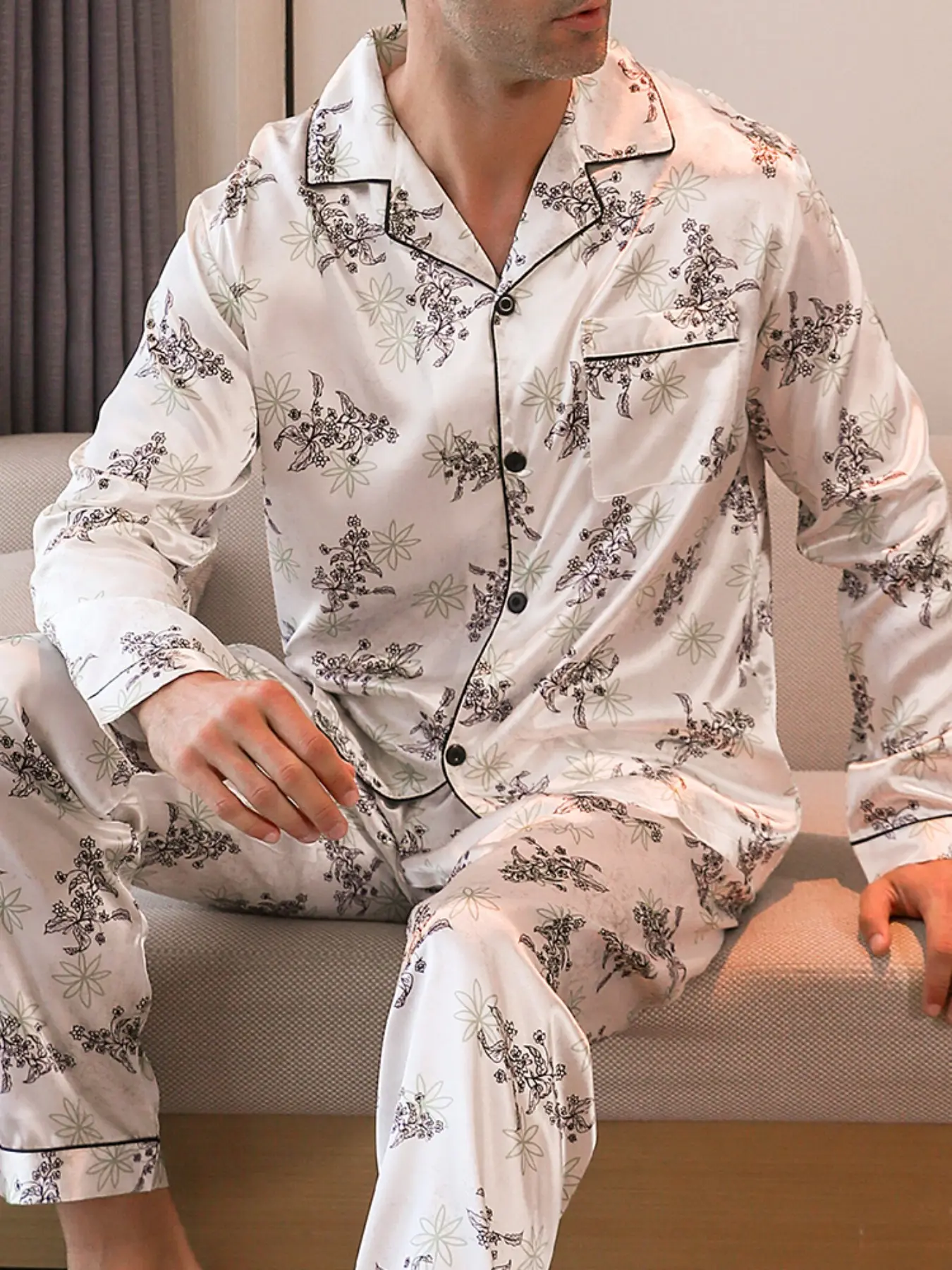 Men's Long Sleeve Pajama Set, Ice Silk Sleepwear, Casual Floral Print, Button Front, Fitted, Ankle Length, All Seasons