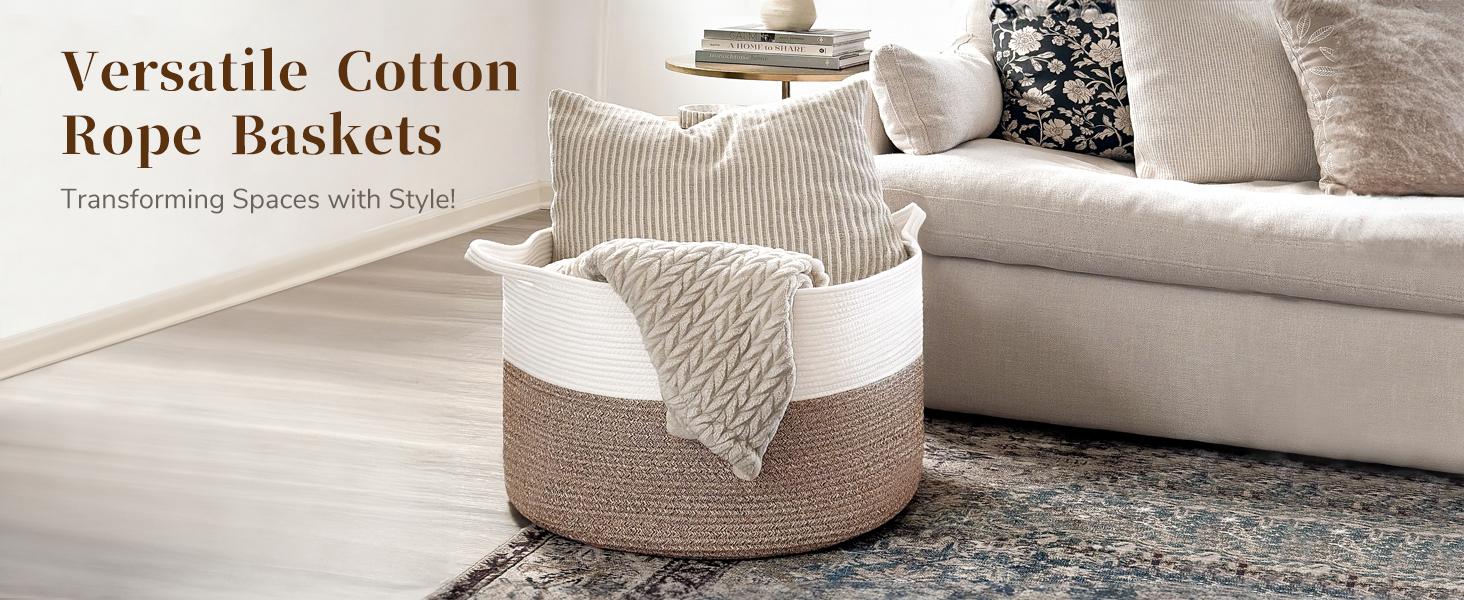 XXXLarge Cotton Rope Basket Woven Laundry Baskets Blanket Baskets Basket with Handle Comforter Cushions Storage Bin Thread Laundry Hamper - 21.7" x 21.7" x 13.8" :