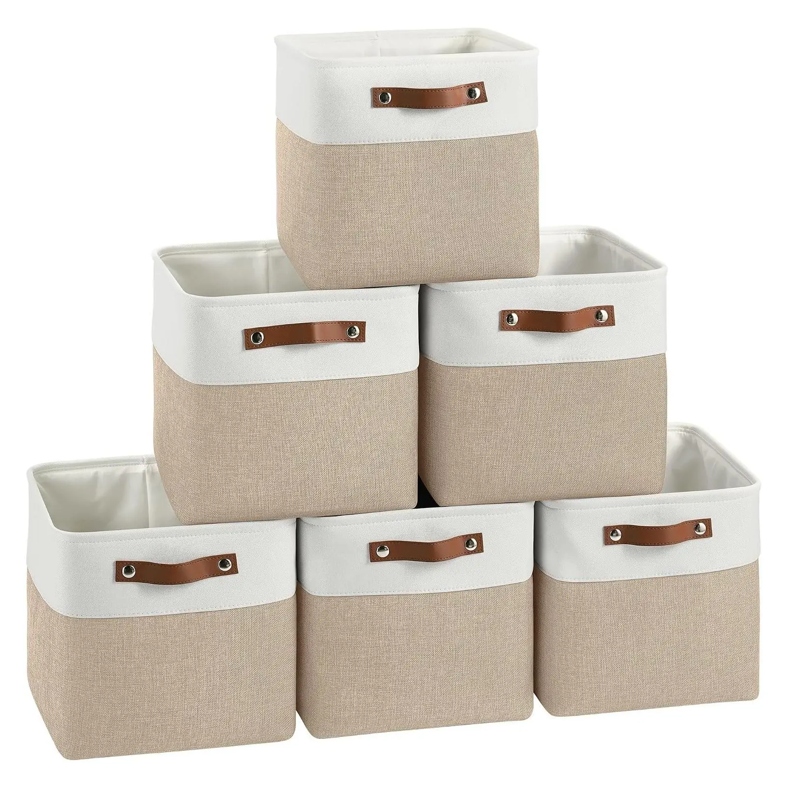 11 Inch Cube Storage Bins 6 Pack with Handles, 11x11 Fabric Organizer Baskets for Cube Shelves, White/KhakiGift