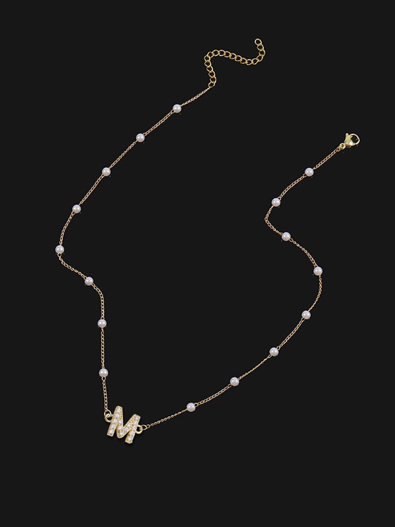 Elegant Letter Detail Faux Pearls Decor Pendant Necklace for Gift, Stainless Steel Casual Matching Necklace Jewelry, Classic Fashion Accessories for Daily Wear