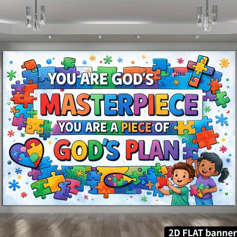 A 2D Colorful Puzzle Fish Backdrop with a Religious Theme, Featuring a White Base with a Colorful Puzzle Border, Multicolored Artistic Text, Colorful Puzzle Pieces, Colorful Puzzle Fish, Colorful Puzzle Hearts, Co