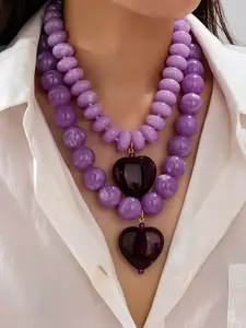 2 Pcs Chunky Purple Beaded Statement Necklace for Women - Acrylic Heart Pendant Choker, Bold Purple Jewelry for Party & Daily Wear, Fashionable Jewelry Accessories