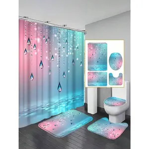1/4 Sets Gradient Blue & Pink Waterdrop Bathroom Shower Curtain Set; Fresh And Dreamy Design, Waterproof And Durable, Suitable For Bathroom Decor And Accessories.Size: 71"X71", Includes 12 Hooks, Toilet Seat Cover, Bath Mat And Rug
