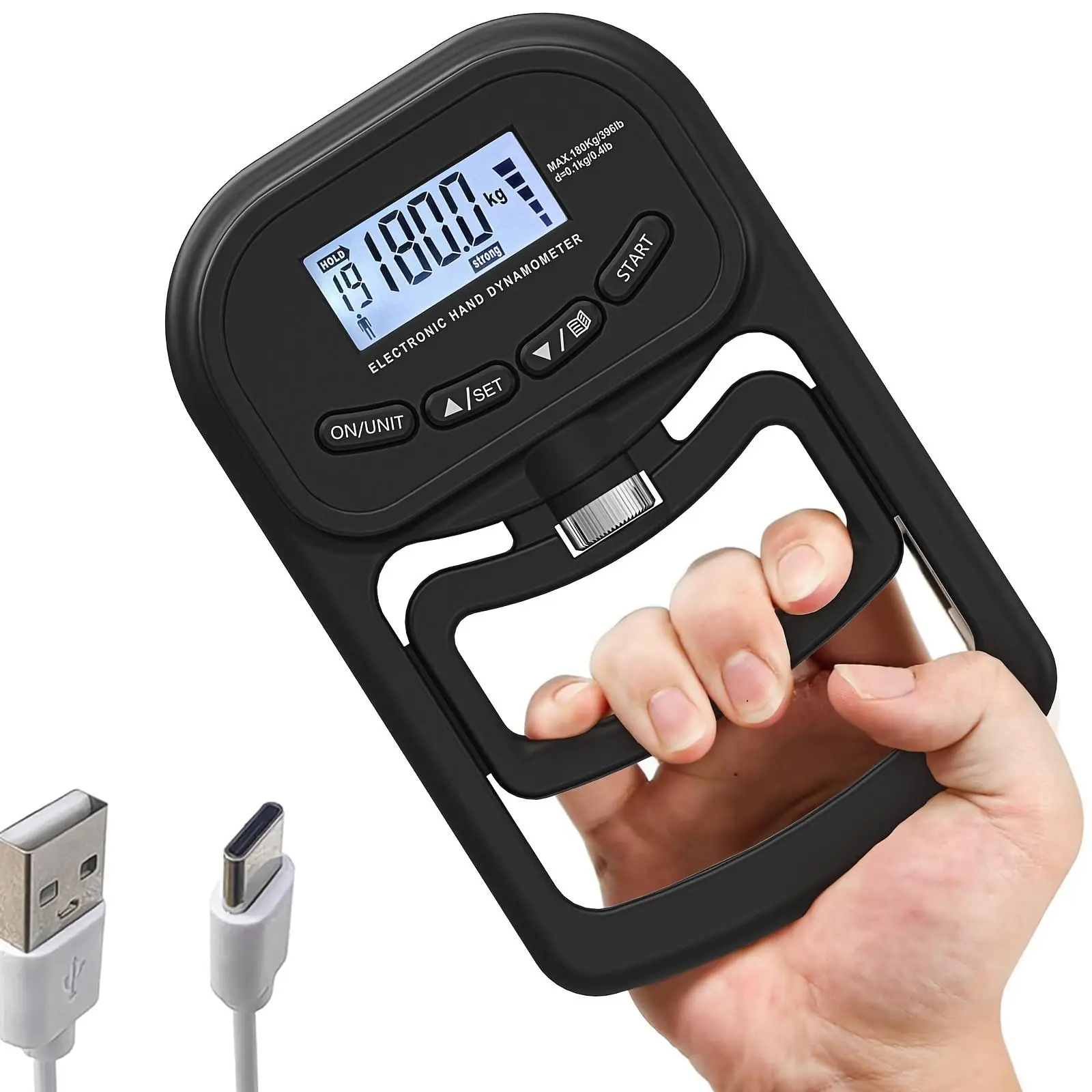 Rechargeable Digital Hand Dynamometer Grip Tester - Rubber Device with LCD Display, 180Kg/396Lbs Capacity, Adjustable Strap, Home Use Tool for Strength Enthusiasts Focused on Hand Strength