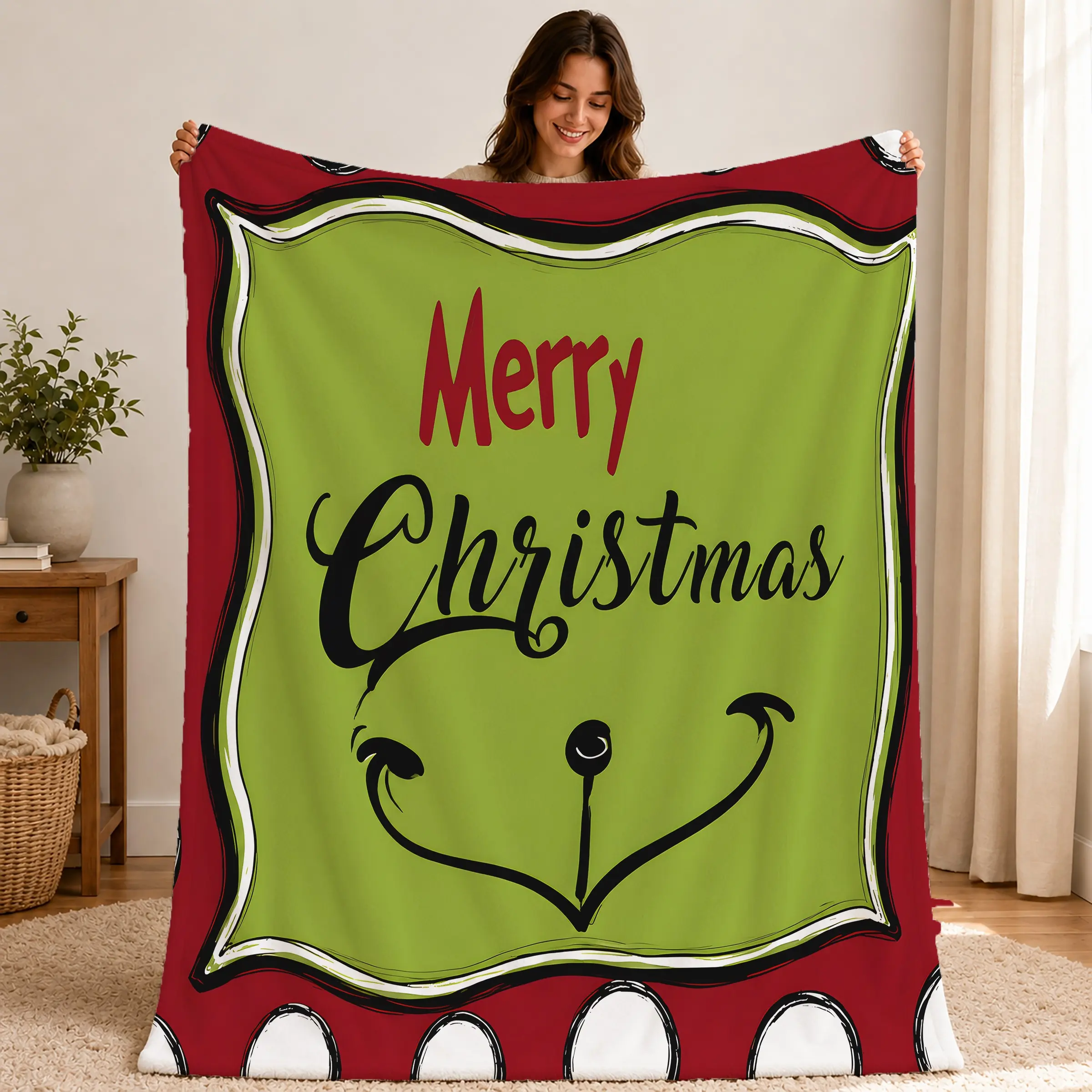 Grinch Christmas Funny Limited Edition Flannel Blanket, Grinch Face Print, Soft Flannel, Sofa Bed Office Holiday Decor Gift