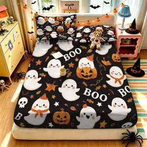 (1 fitted sheet + 2 pillowcases, no filler),Halloween funny ghost pattern,Polyester fitted sheet 3-piece bedding set, all-season & machine washable, ideal for room decoration and birthday present for bedroom use