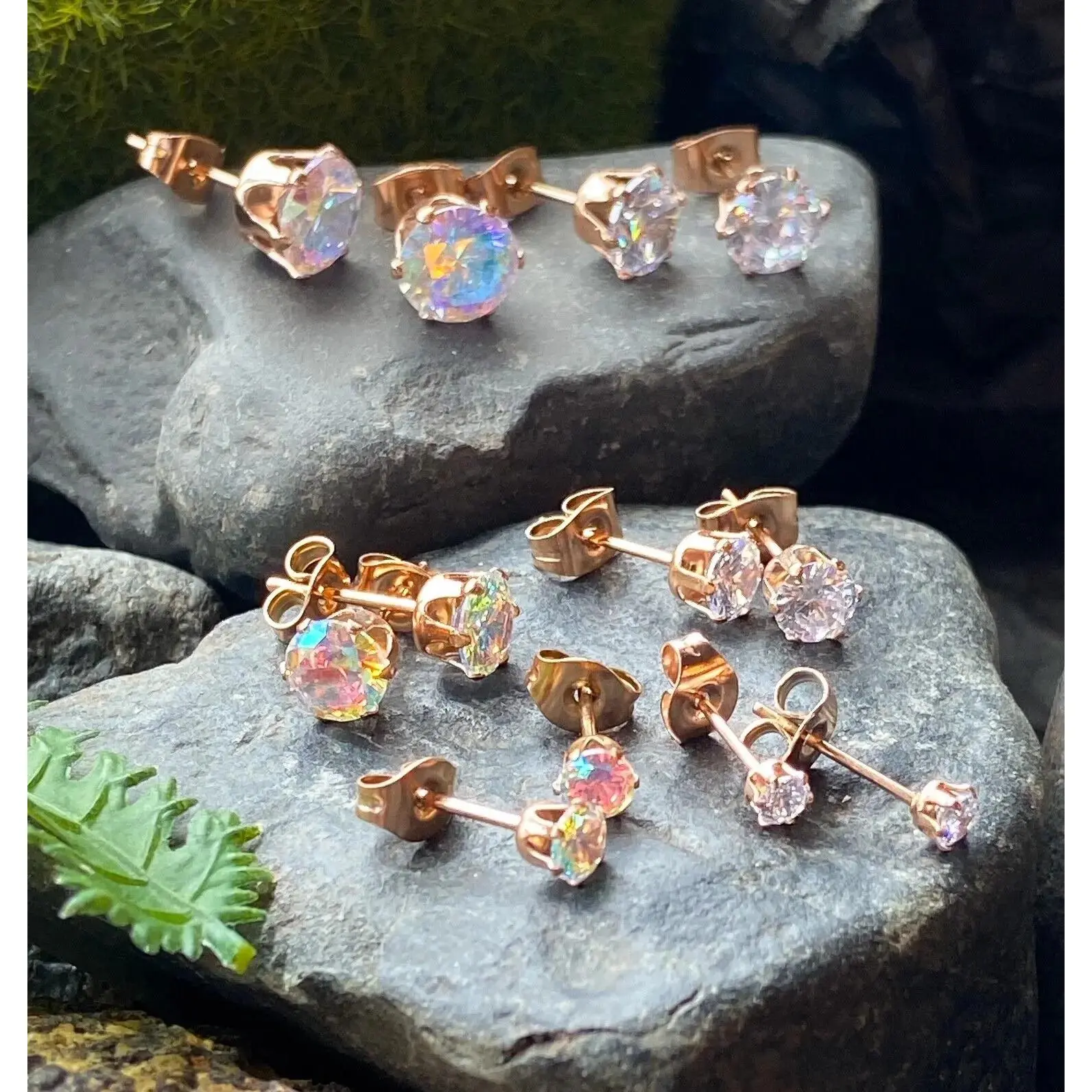 Rose Gold Ion Plated Steel Aurora Borealis or Clear CZ Gem Stud Earrings