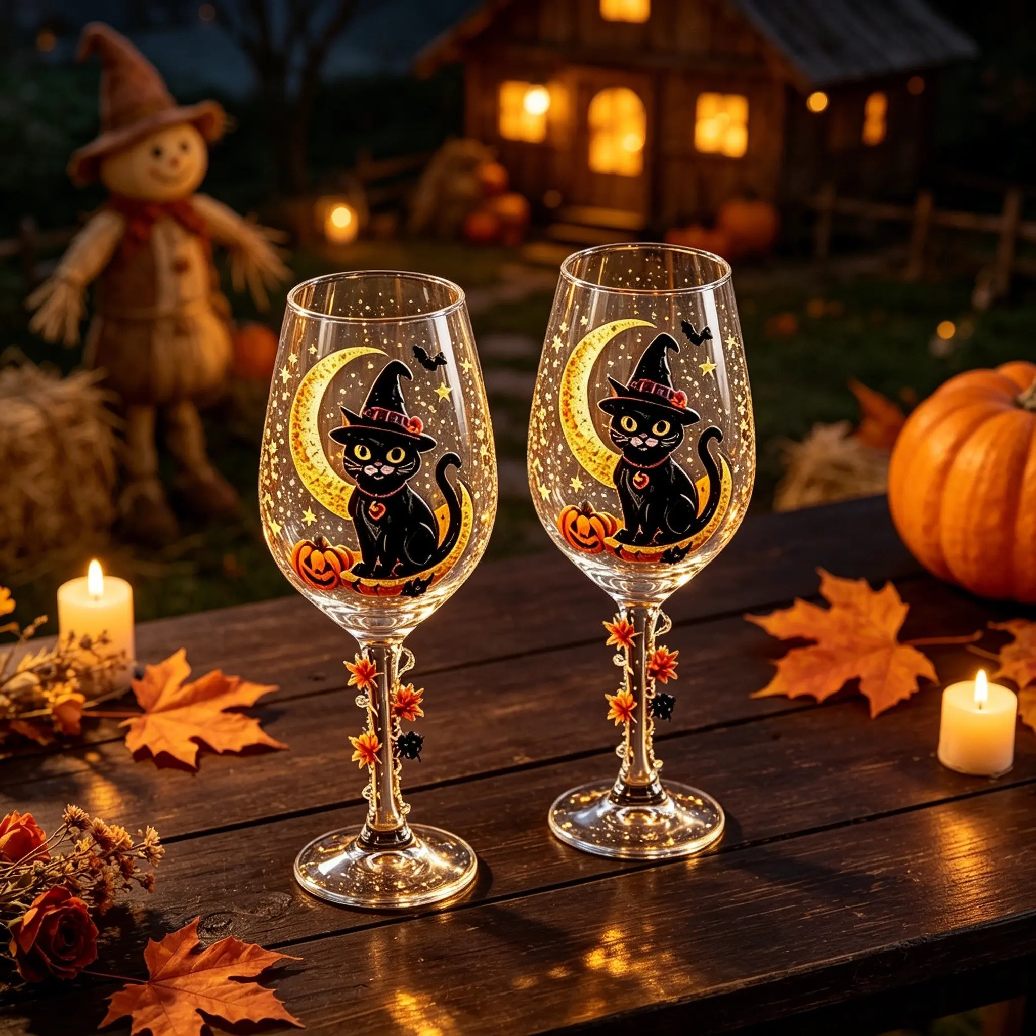 Halloween Decorative Goblet Set of 2, Clear Glass Wine Cup with Witch Black Cat, Crescent Moon & Jack-o'-lantern Print, Handcrafted Flower Spider Stem Ornament, Ideal Halloween Table Centerpiece & Creative Gift for Holiday Season
