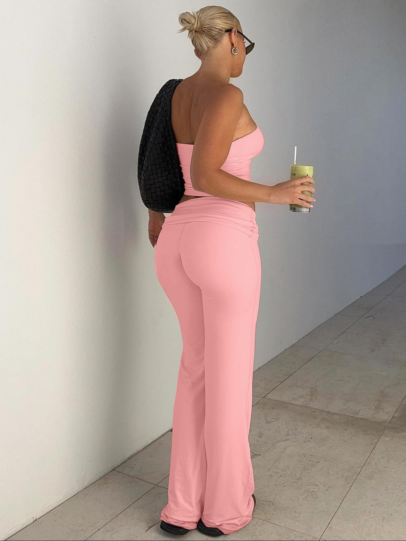 Ocean Style 2026    Two-Piece Set Women's Solid Crop Tube Top & Foldover Waist Flare Leg Pants, Casual Fashion Cozy Outfits for Daily Outdoor Wear, Ladies Clothes for Summer