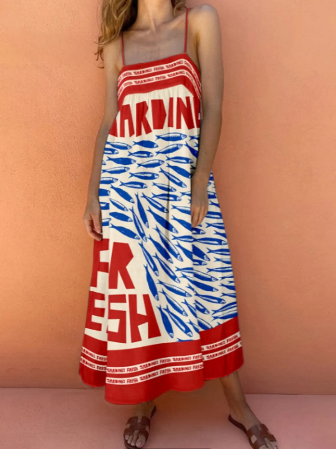 Blue Print Halter Sleeveless Spaghetti Strap Dress, Loose Fit Slimming Mid-Length A-Line Dress, Casual Vacation Style Women's Dress, Summer