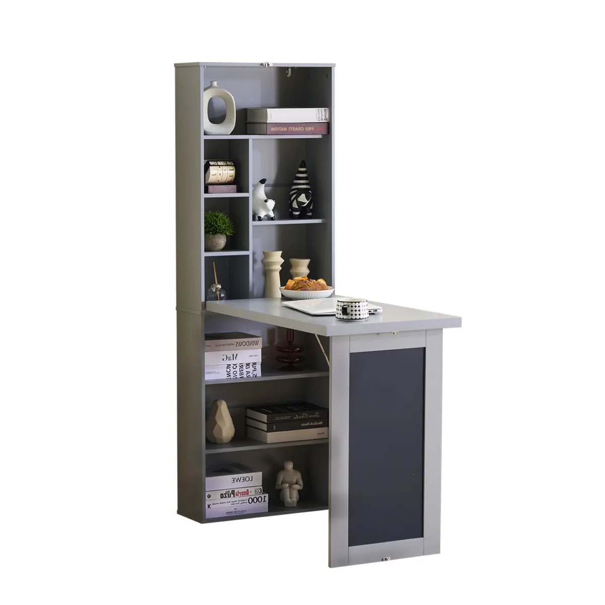 Compact Space-Saver Fold-Out Convertible Writing Desk - Wall-Mount Table Cabinet with Blackboard, Storage Shelves for Home Office Living Room (Grey)