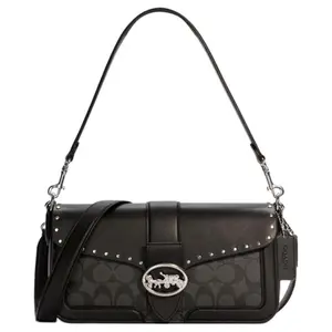 COACH Georgie 26 Classic Monogram Nailhead-Embellished Coach Horse Carriage Logo Coated Canvas Crossbody Sling Bag for Women, Black
