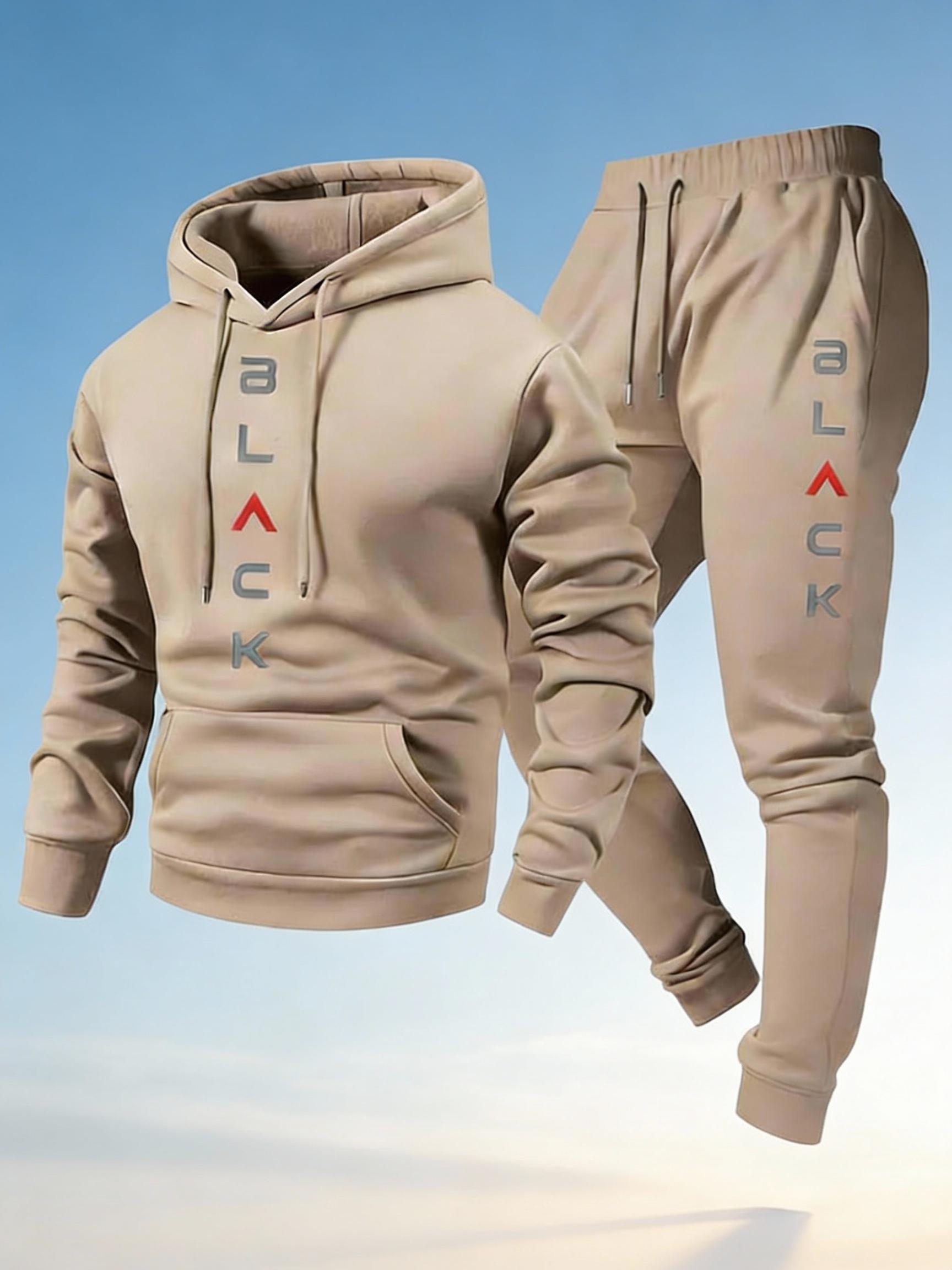 Men's Sports Casual Two-Piece - Vertical Letter Print Hoodie & Joggers, Multi-Color Comfort Set Sweatsuit With Pockets
