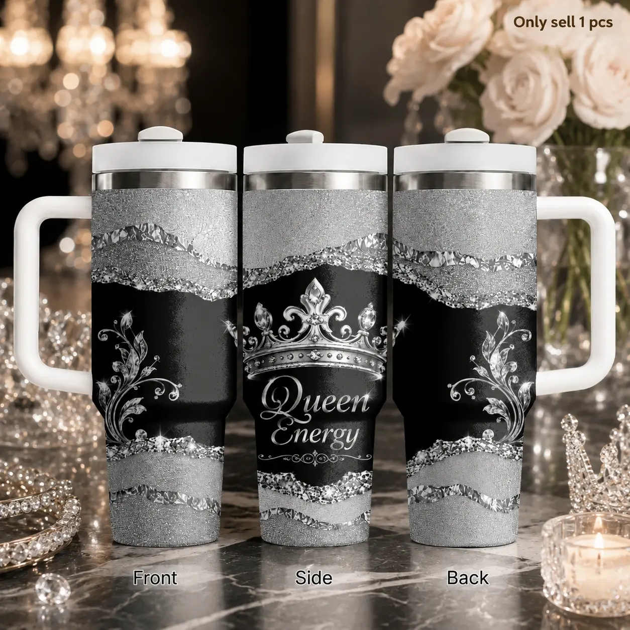 40oz Crown Pattern Leakproof Tumbler with Handle & Straw | Stainless Steel Vacuum Insulated Travel Mug | Leak Resistant Cupholder Friendly Cup | Keeps Cold 24H for Gym Office & Travel
