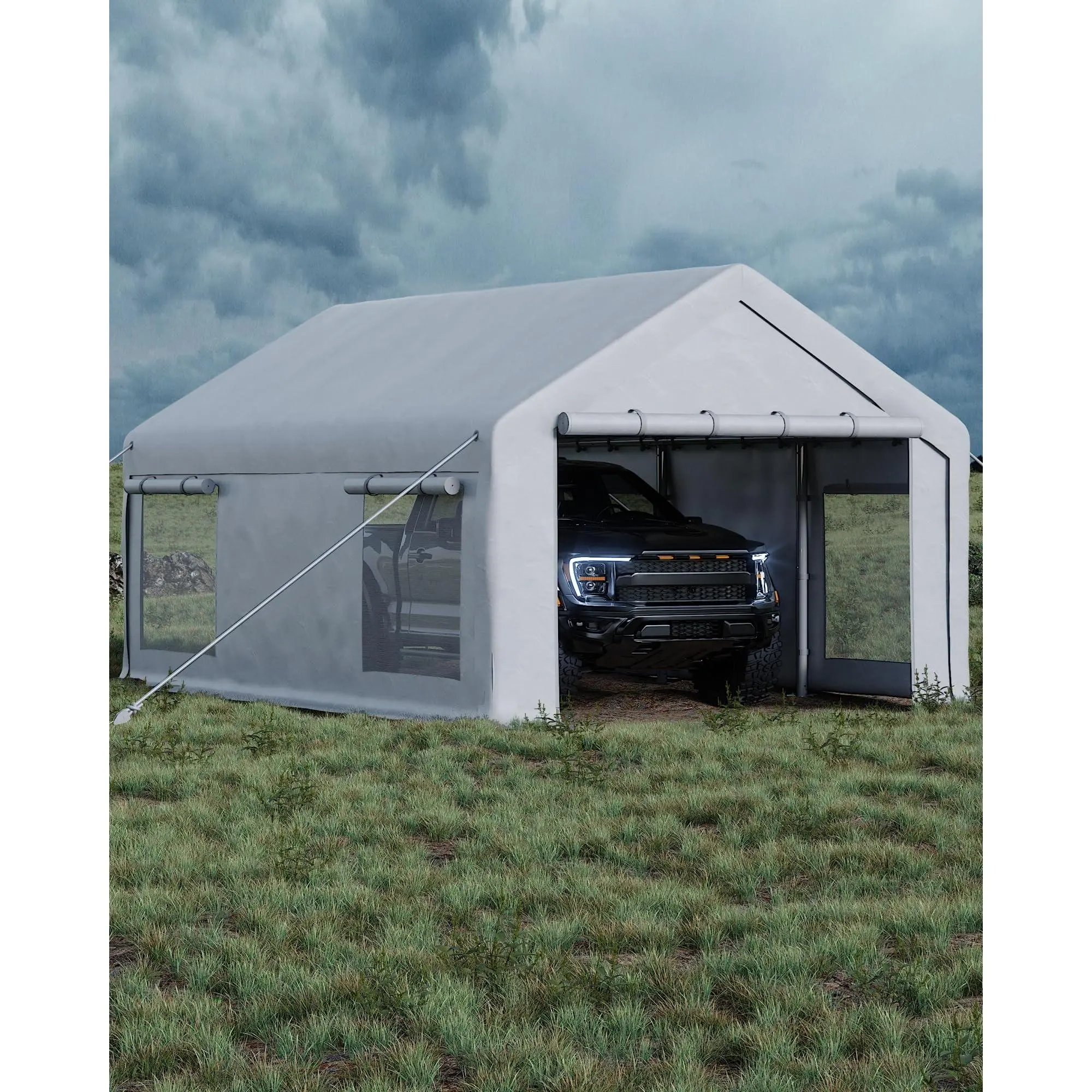 12x20ft Portable Carport Garage, Heavy Duty Galvanized Steel Frame with 200G PE Cover, Outdoor Vehicle Shelter for Truck Boat RV, Roll-Up Doors, Easy Assembly