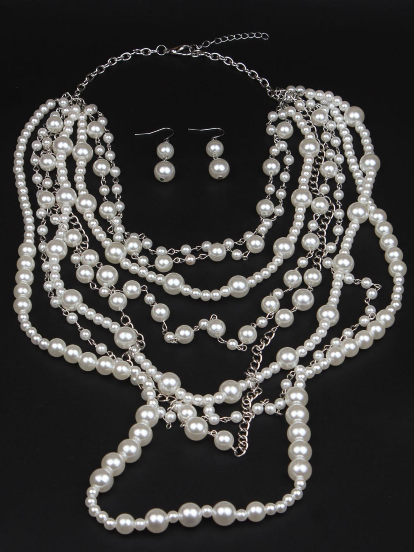 Exaggerated Multi-layer Faux Pearl Decorated Necklace & Dangle Earrings, Elegant Jewelry Set for Party, Daily Decor, Trendy All-match & Exquisite Jewelry for Birthday Gift