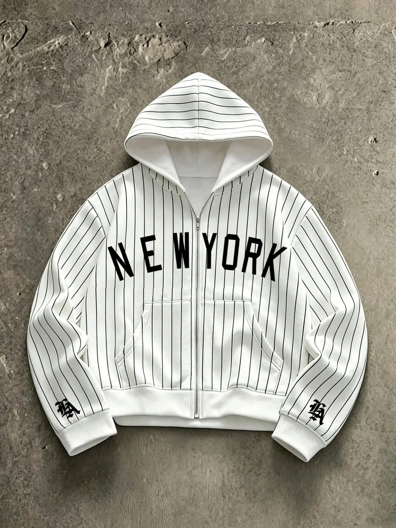 Men's New York Pattern Letter Print Zip-Up Hoodie, Striped Loose Fit Streetwear Jacket, Vintage Y2K Casual Hooded Coat, Hip-Hop Style