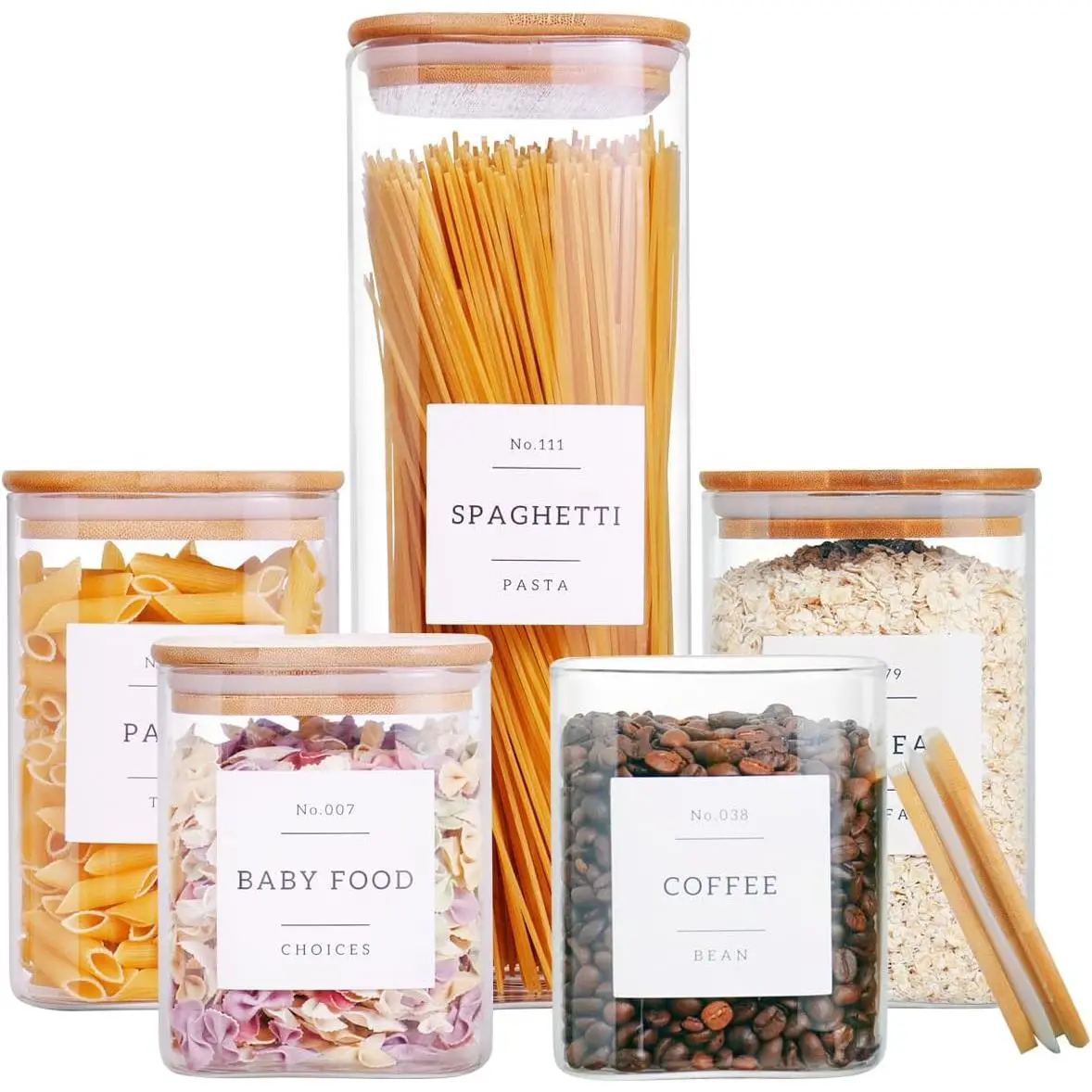5 Pack Square Glass Pantry Storage Containers with 132 Kitchen  Pantry Labels - Clear Glass Jars with Airtight    - Glass Canisters for Cookies, Nuts, Cereal