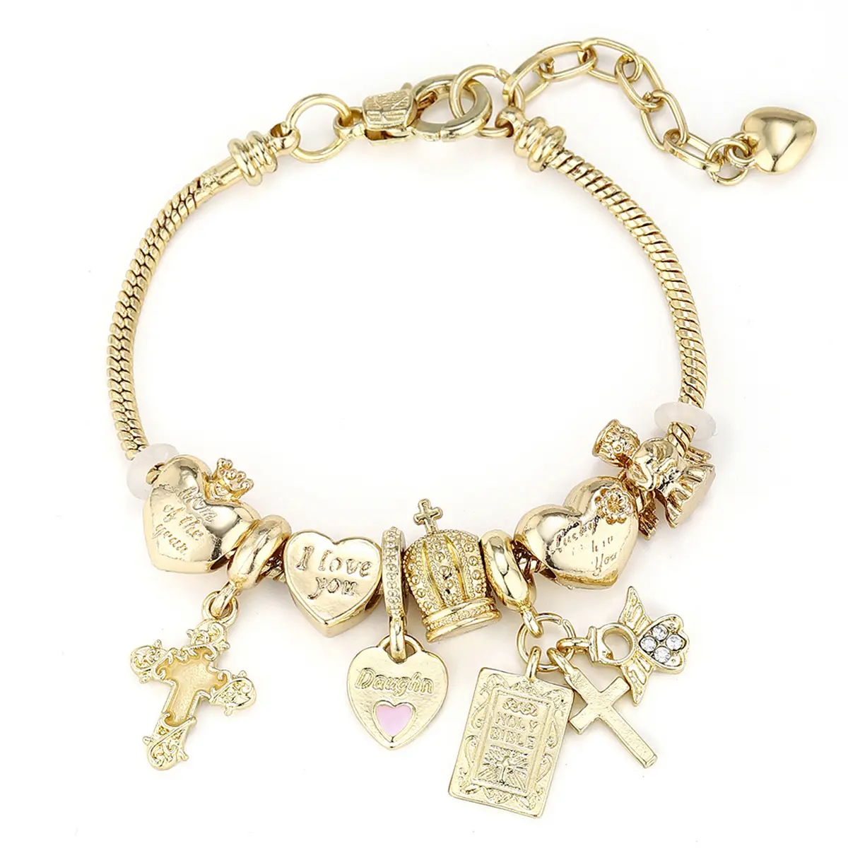 Female Religious Zinc Bracelet - Fashionable, Detachable, Adjustable Jewelry with Symbolic Gold Glow-in-the-Dark Charms: Cross, Bible, Heart, Angel, Crown for Daily Wear