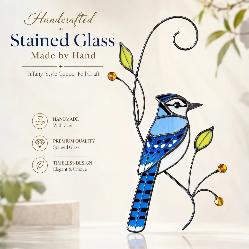 Blue Jay Tiffany Colorful Glass Hanging Ornament, Suncatcher Decorative Piece, Unique Home Decoration Item, Vibrant Design