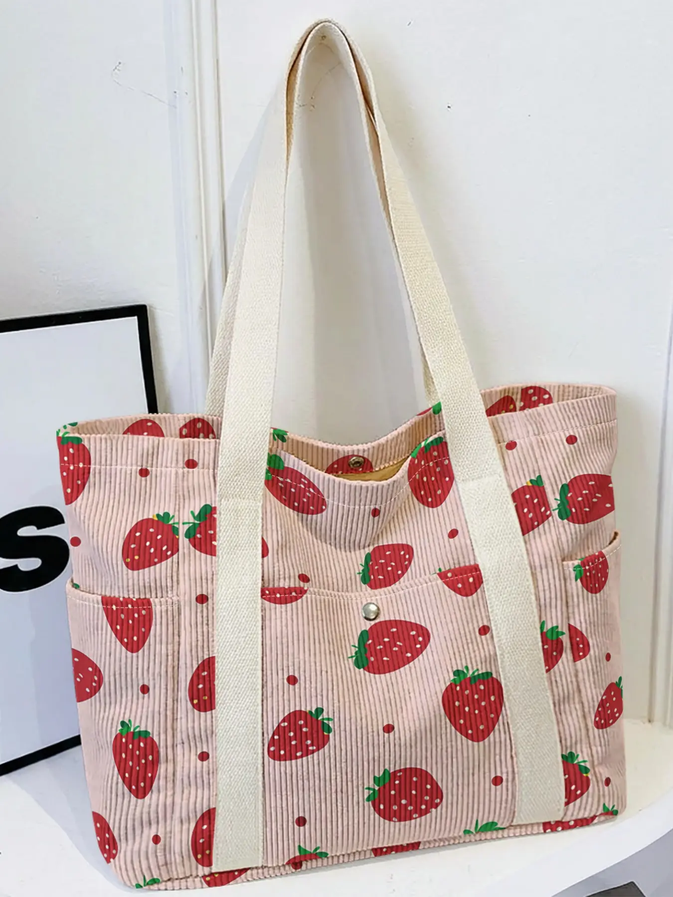 Women's tote bag, Cute Full Spread Strawberry 2D Print on Pink Background, Multi-pocket travel tote with wide strap, fit for daily, school and shopping.