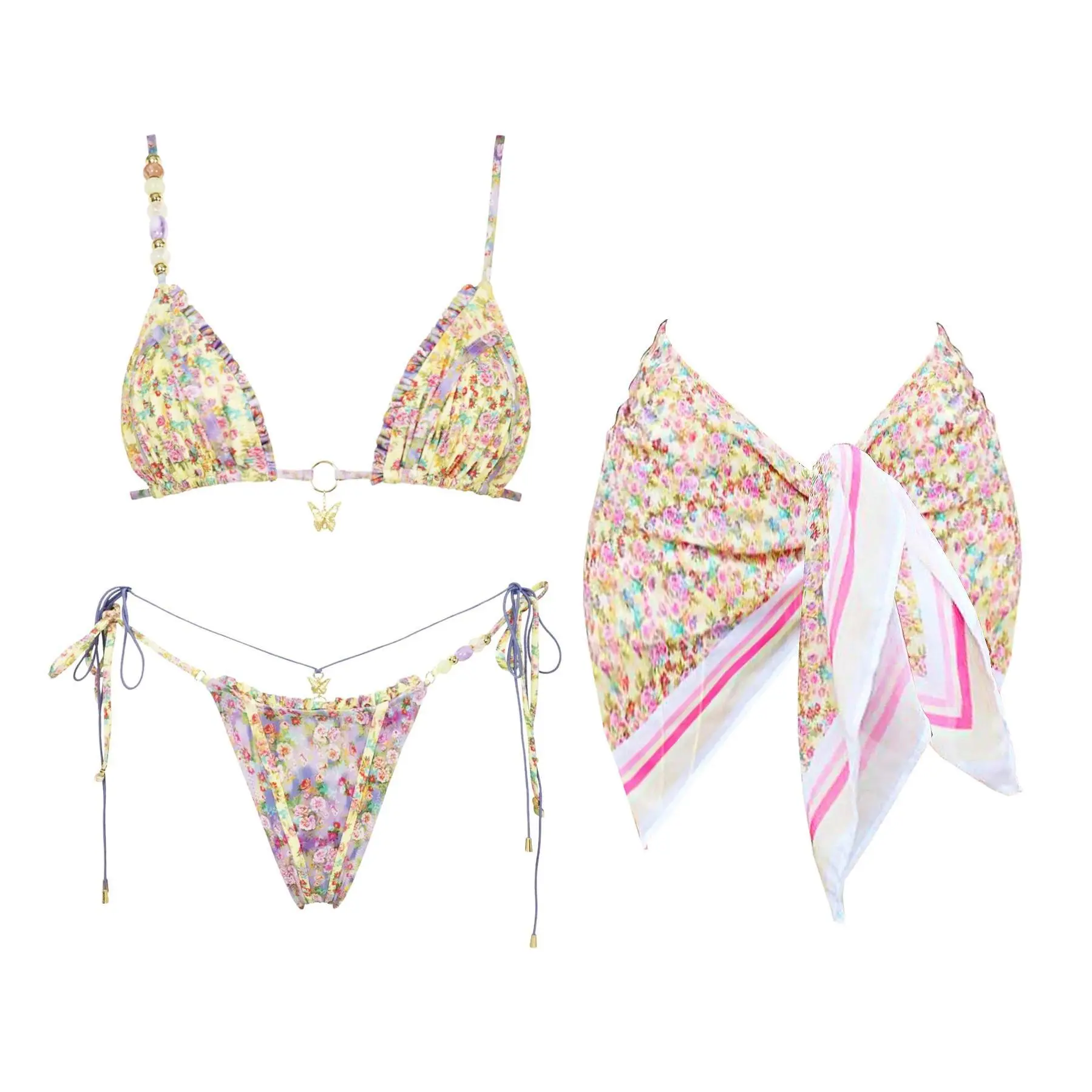 Sexy Bikini Set Women Swimsuit Push Up Swimwear Female Bandeau Biquini Halter Bathing Suit Floral Print Bodysuit Beachwea