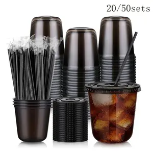 20/50 Pack 12oz Plastic To Go Cups with Lids and Straws, Disposable Ice Coffee Cups, Round Bottom Portable Cups for Cold Drinks, Party Picnic Supplies
