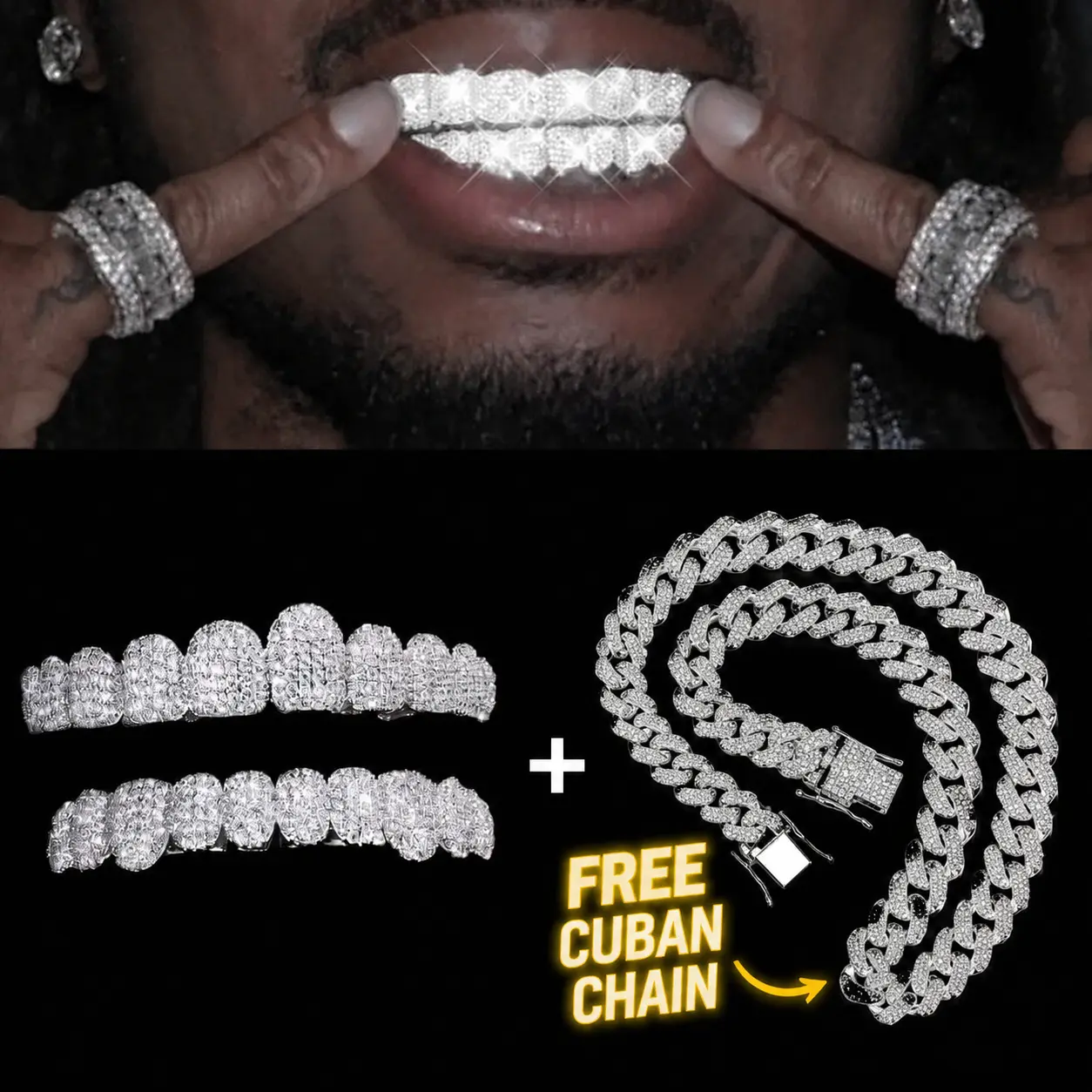 [Apex & Co]2PCS Set Iced Out Hip Hop Teeth Grills, Punk Shiny Teeth Decoration for Men Women, Trendy Rapper Party Cosplay Costume Jewelry, Cool Statement Accessory Gift+ Free Cuban Chain