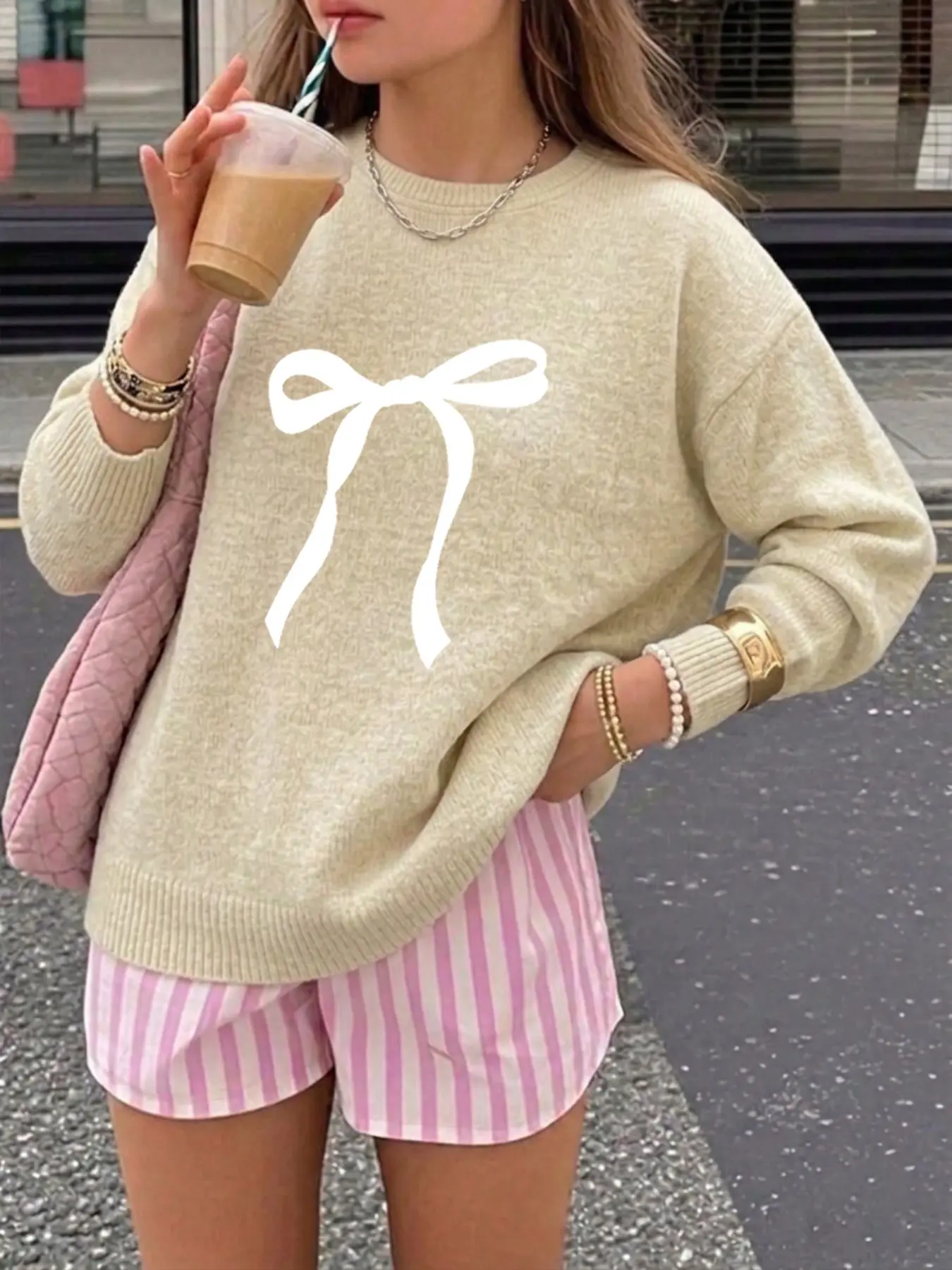 Women White Bow Graphic Knit Sweater Crew Neck Long Sleeve Oversized Coquette Aesthetic Pullover