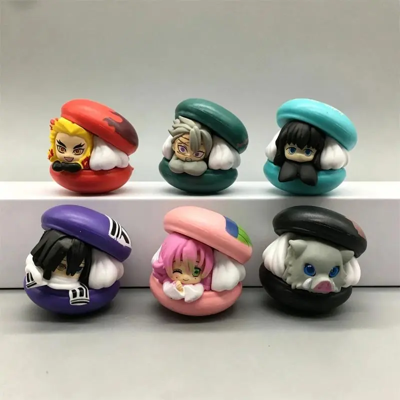 6pcs/Set Demon Slayer Macaron Shape Cute Chibi Figures Kawaii Rengoku Tokito Obanai Mitsuri Sanemi Inosuke Mini Model Toy Gifts