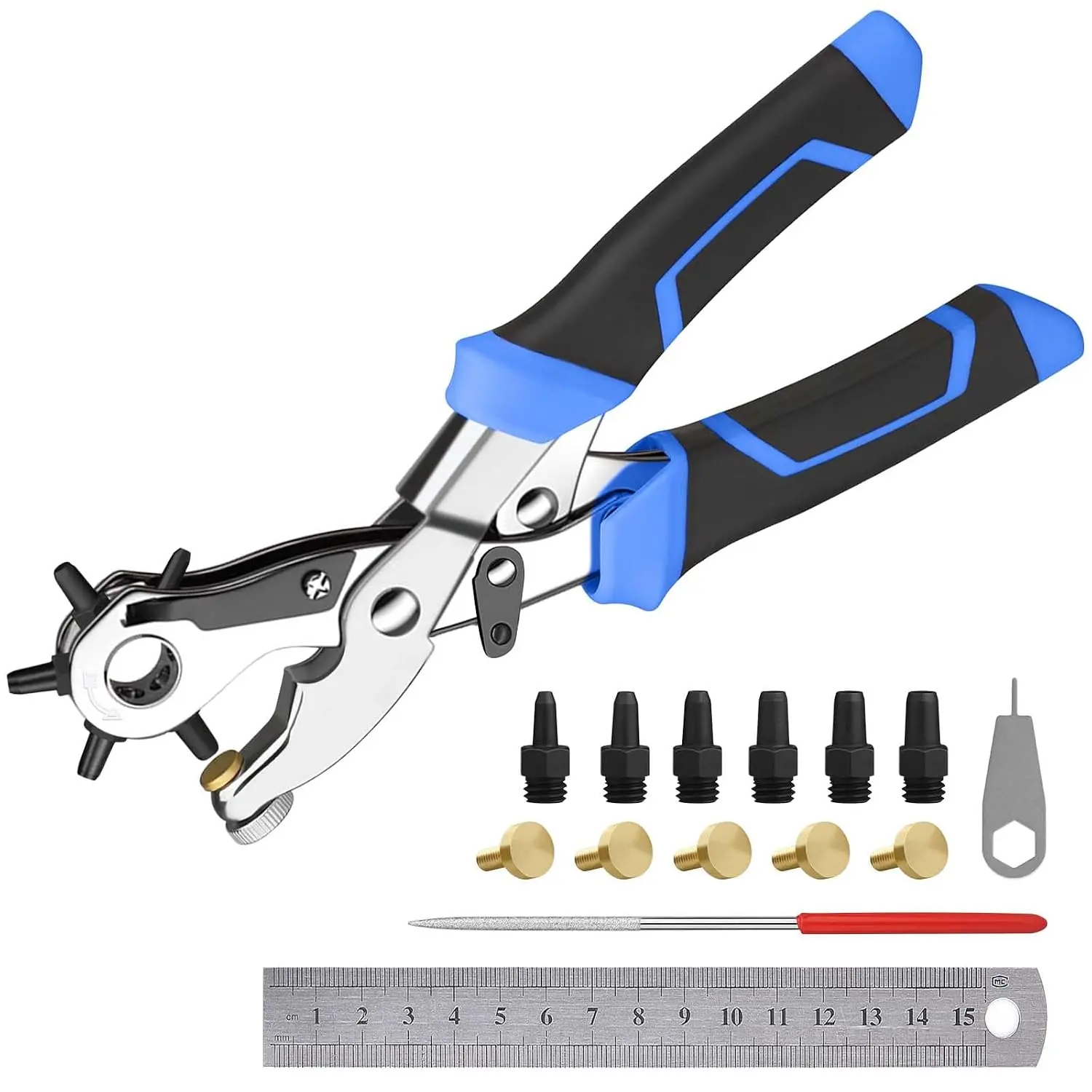 Heavy Duty Rotary Puncher,  Leather Hole Punch Set for Belts, Blue | Double Lever Design, with 5 Replaceable Base, 6 Spare Punching , Durable, 6 Hole Sizes for Belts, Fabric, DIY