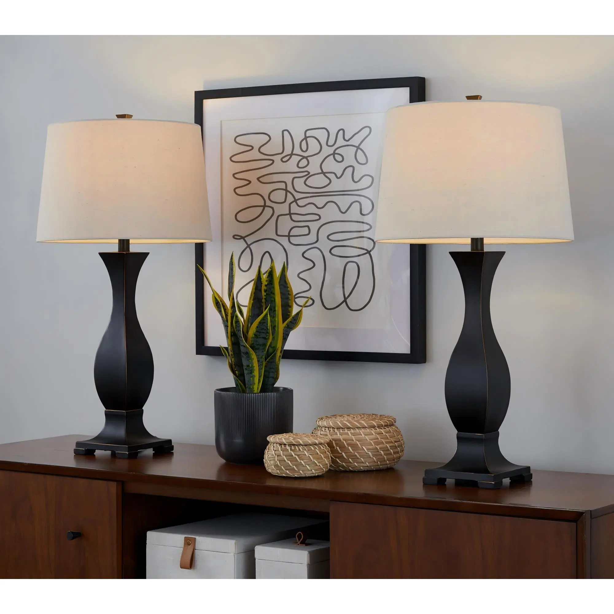 Nokaa Grandview Gallery 29" Contemporary Polyresin Table Lamp Set of 2, Oil Rubbed Bronze Finish with Oat Linen Shade, Modern Living Room Bedroom End Table Lamp for Nightstand Sofa Side