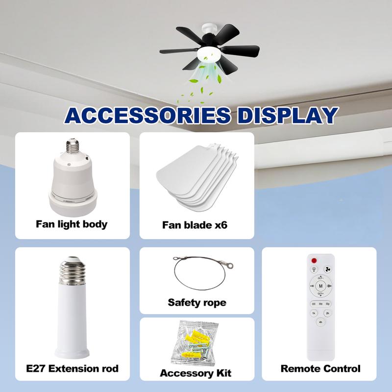 20.5" E27 Socket Ceiling Fan Light 30W-3-Speed Dimmable LED Fan Light,Silent Remote Control for Kitchen Garage Workshop