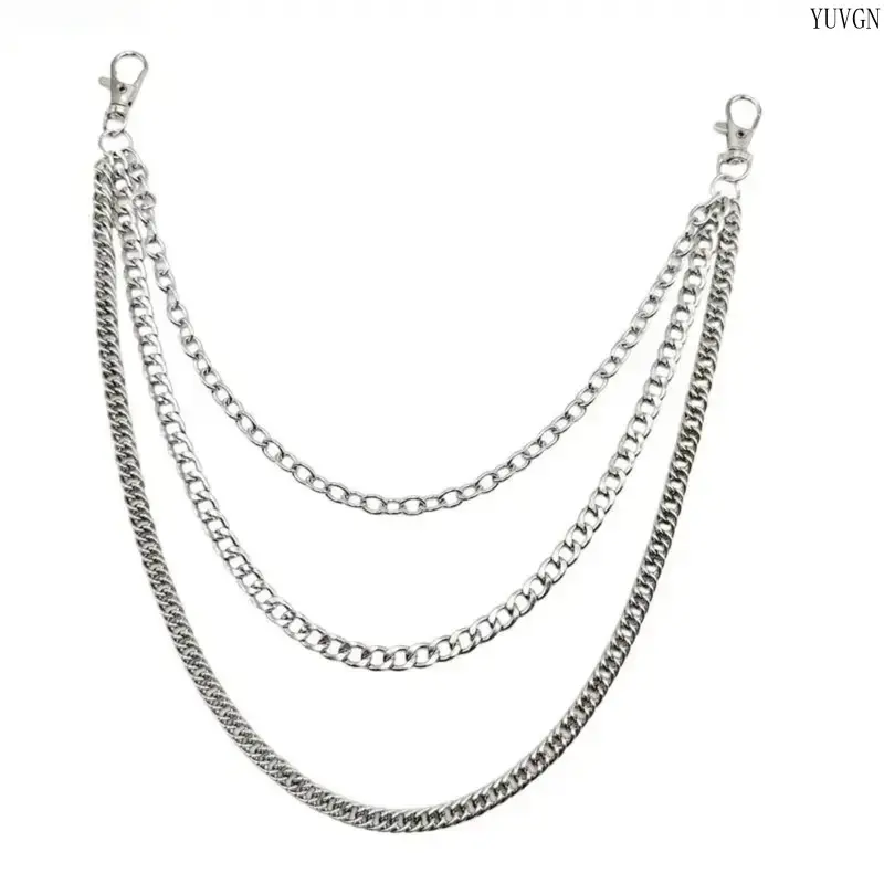 Multi-Layered Cuban Link Waist Chain - Punk Streetwear Accessory, Thick Heavy-Duty Silver Metal Pants Chain with Dual Clasps for Secure Fit, Men's Street Style & Daily Casual Layering