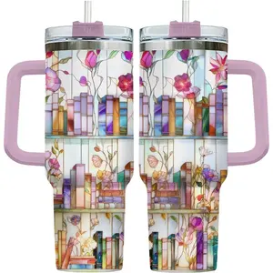 Reading Tumbler 40oz Stainless Steel with Handle and Straw Bookish Travel Mug Insulated Coffee Cup Gift for Book Lovers Women Teacher Librarian, Book Lovers Tumbler
