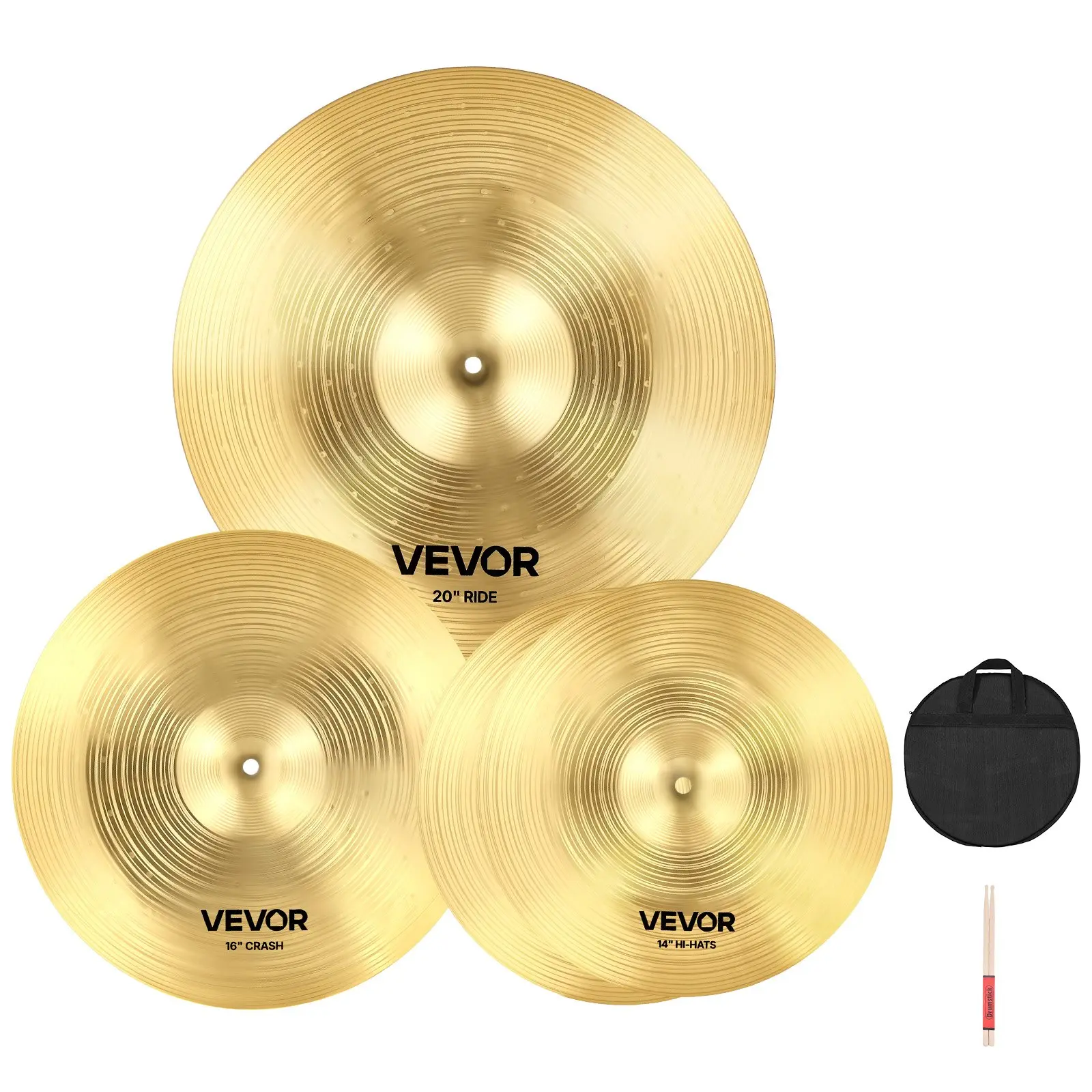 【DealsForYouDays】VEVOR Cymbal Pack, 3 Pieces Cymbals for Drum Set, Alloy Cymbals Drum Set Includes 14-inch Hi-Hats, 16-inch Crash, 20-inch Ride, Drumsticks Cymbal Bag, Alloy Cymbal Pack for Drummer, Bright Copper