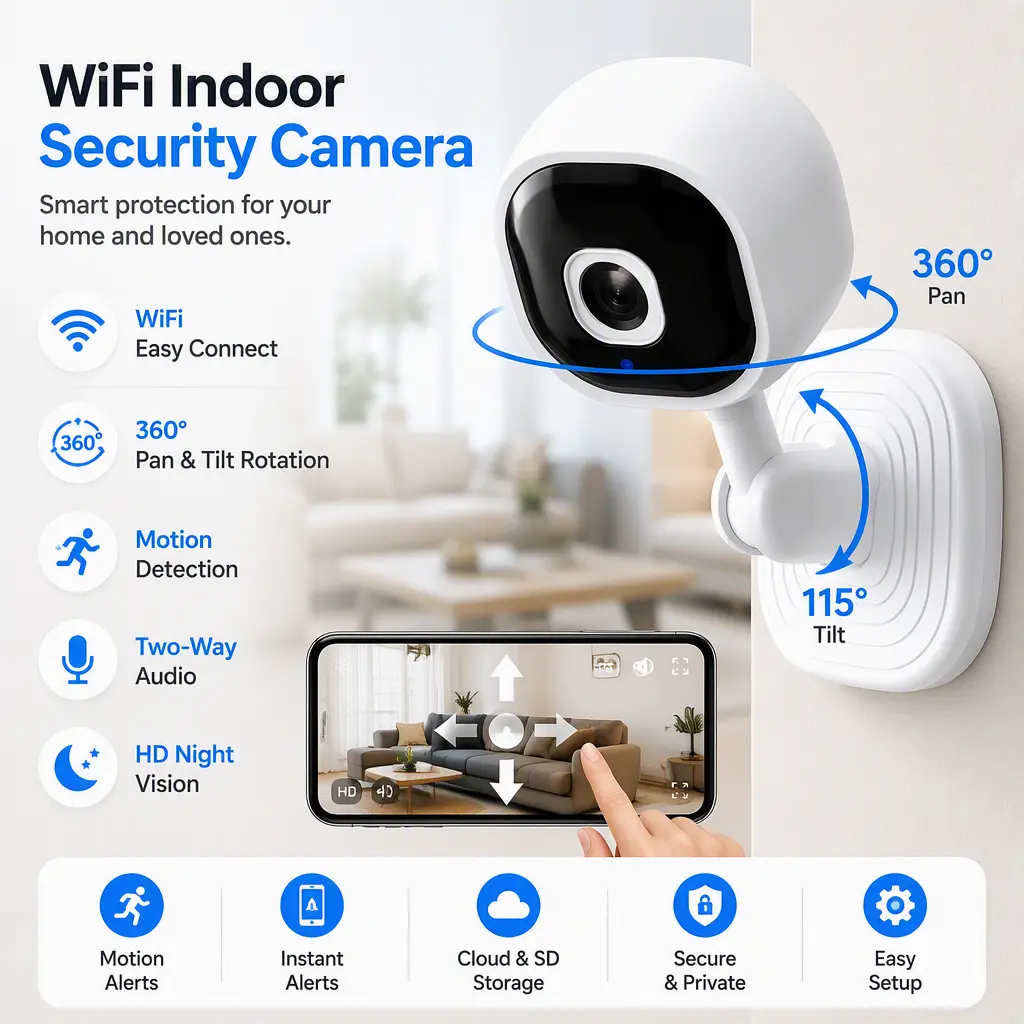 Wireless WiFi Indoor Surveillance Camera, HD 360‑Degree Pan Tilt Rotation Security Cam, Two‑Way Audio & Night Vision, Baby Monitor for Home Bedroom