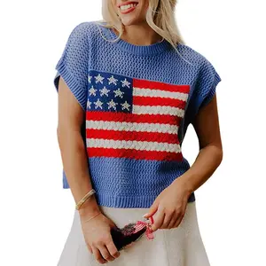 Women's American Flag Graphic Relaxed Fit Short Sleeve Knit Sweater Top for Independence Day Festivals & Casual Streetwear Knitwear - Womenswear
