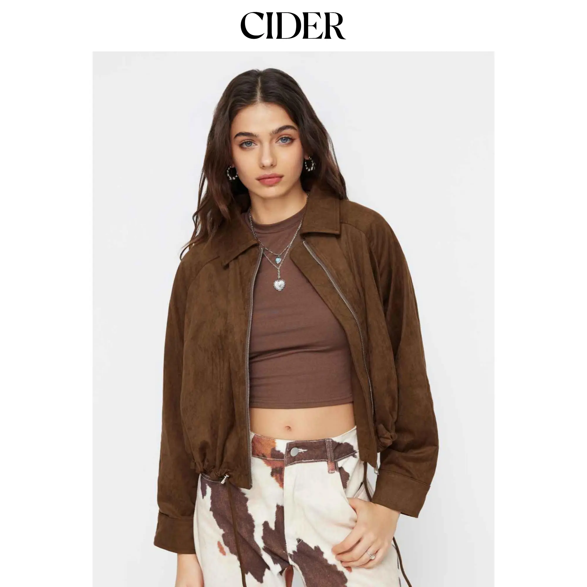 Cider Suede Collar Zip Through Drawstring Oversized Jacket SummerFinds