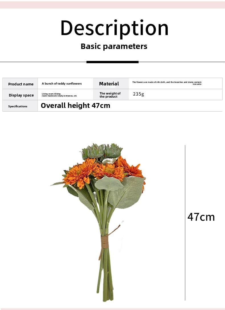 Teddy sunflower artificial flower for living room entrance decoration, faux flower ornament, vintage hand-held bouquet